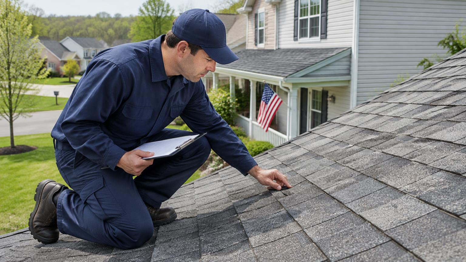 Veteran-owned roofer inspecting asphalt shingles during a free on-site roof inspection in Maryland